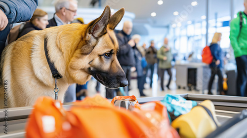 German shepherd sniffs luggage at airport security amid busy passenger crowd