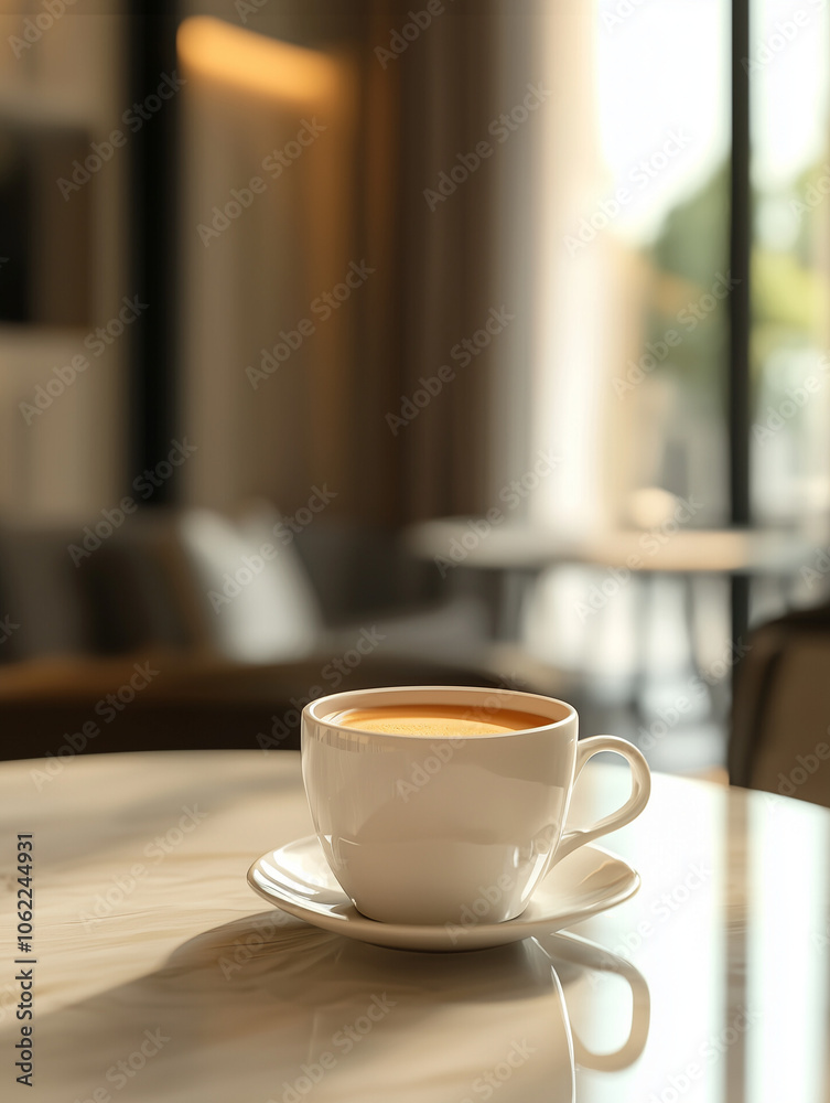 Modern Luxury Coffee Scene: Close-Up of Half-Filled Coffee Cup with Light Brown Milk Tea on Elegant Table, Minimalist Background and Soft Lighting