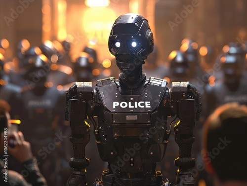 Futuristic AI Police Squad Led by a Humanoid Robot Commander Representing the Next Generation of Law Enforcement Technology in a Futuristic World