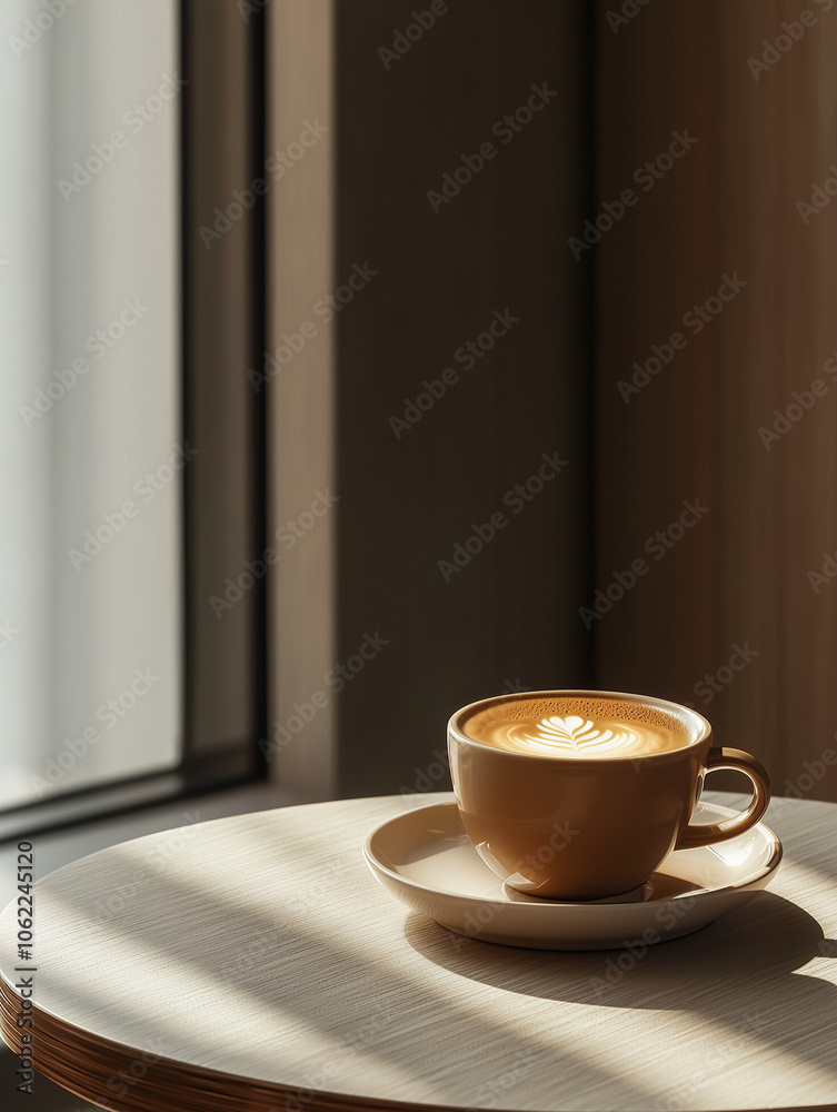 Modern Luxury Coffee Scene: Close-Up of Half-Filled Coffee Cup with Light Brown Milk Tea on Elegant Table, Minimalist Background and Soft Lighting