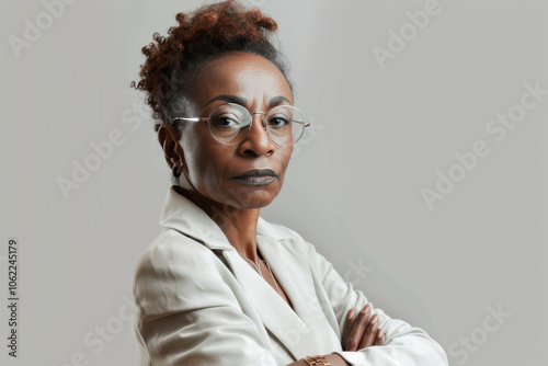 close up horizontal image of a mid age black woman posing in a white suit, copy space