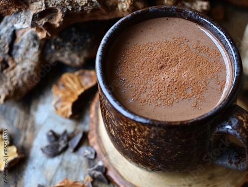 A rich mushroom-based hot chocolate featuring chaga mushrooms and dark cacao, providing an indulgent, antioxidant-packed drink that supports immune health while offering a cozy treat photo