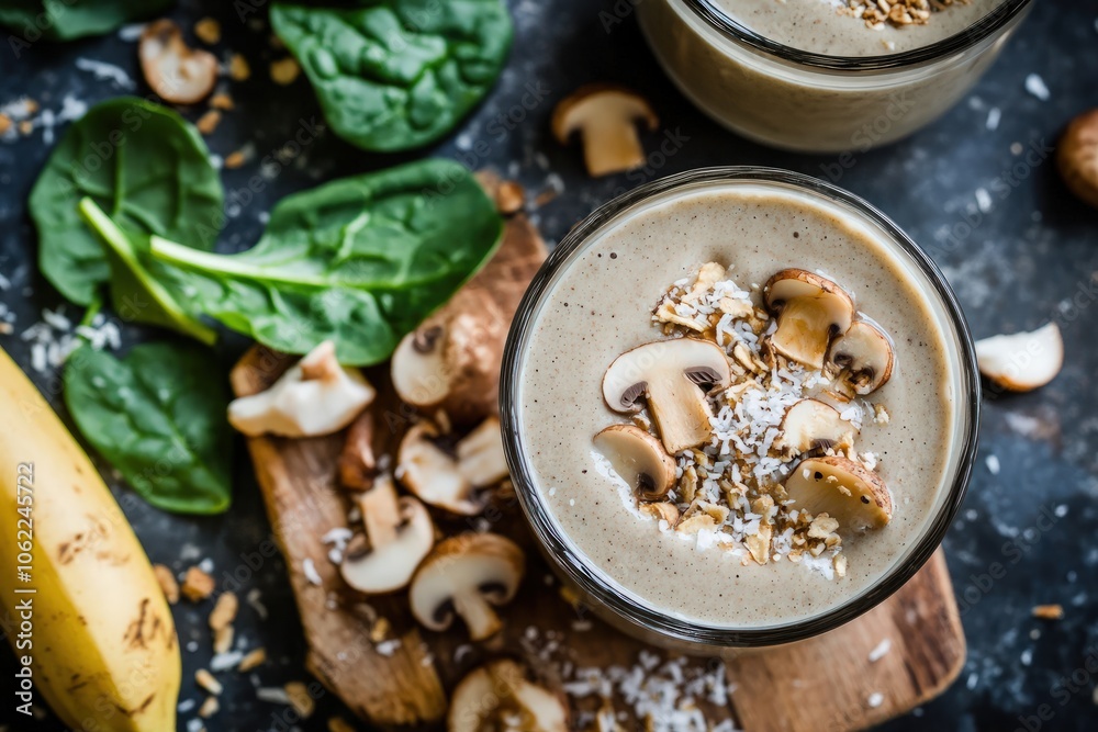 A vibrant mushroom-based smoothie featuring lion mane and maca, blended with coconut milk, spinach, and banana, providing a nutrient-rich, brain-boosting beverage perfect for a morning start A vibrant mushroom-based smoothie featuring lion mane and maca, blended with coconut milk, spinach, and banana, providing a nutrient-rich, brain-boosting beverage perfect for a morning start