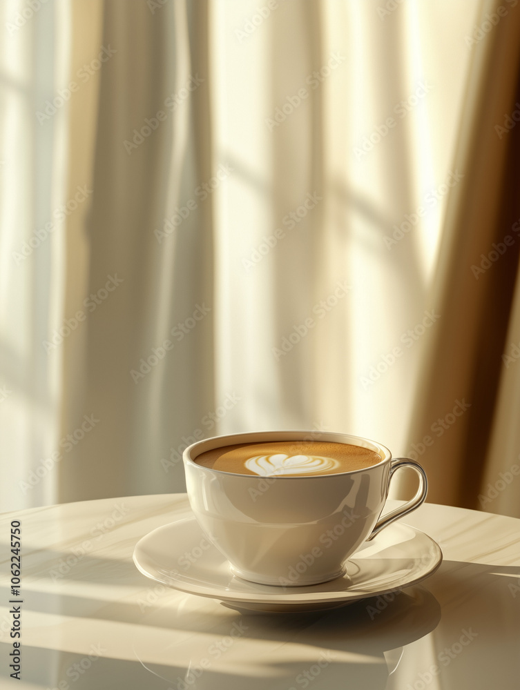 Modern Luxury Coffee Scene: Close-Up of Half-Filled Coffee Cup with Light Brown Milk Tea on Elegant Table, Minimalist Background and Soft Lighting Modern Luxury Coffee Scene: Close-Up of Half-Filled Coffee Cup with Light Brown Milk Tea on Elegant Table, Minimalist Background and Soft Lighting