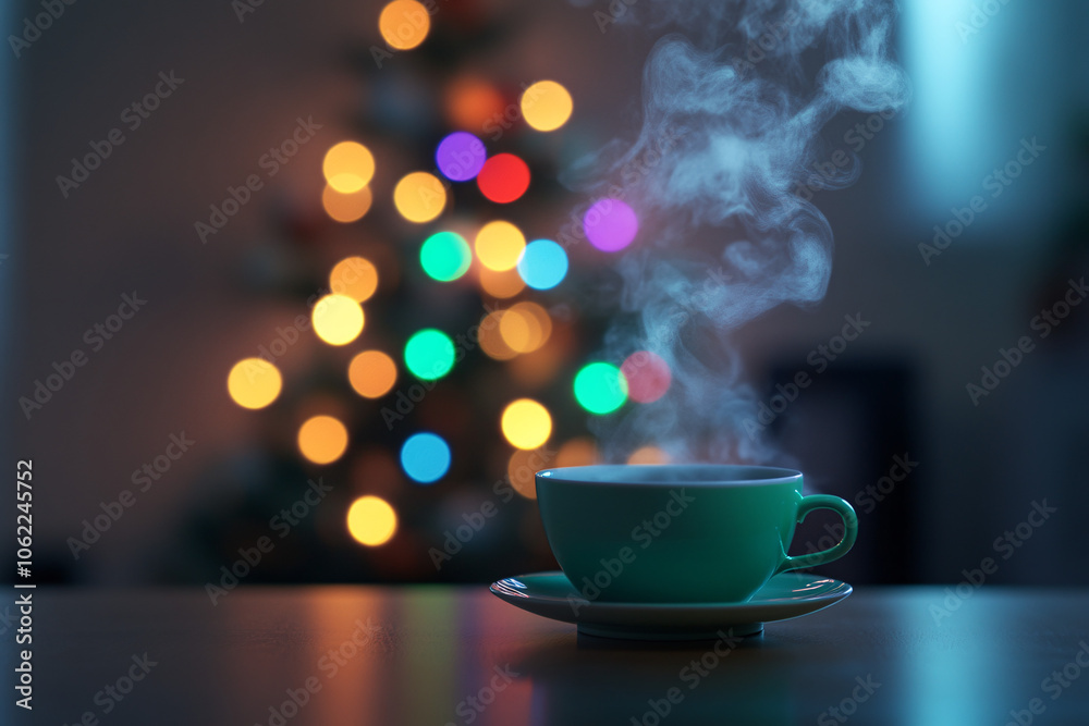 A green cup with steam rising against a blurred background of colorful bokeh lights from a Christmas tree creating a warm festive vibe
A green cup with steam rising against a blurred background of colorful bokeh lights from a Christmas tree creating a warm festive vibe