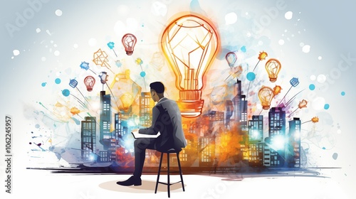 A man sits contemplatively in front of a vibrant cityscape, illuminated by light bulbs and colorful patterns, symbolizing creativity and innovation