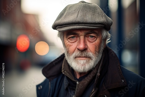 Portrait of a senior man with gray beard in the city.