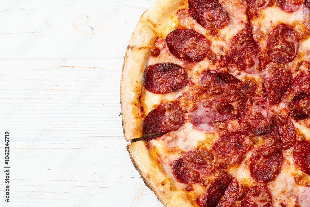 Pizza pepperoni fast food . Top view on rustic background Pizza pepperoni fast food . Top view on rustic background