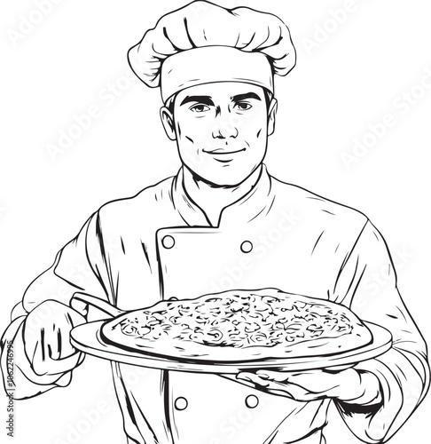 Chef Holding Pizza Outline Vector Illustration