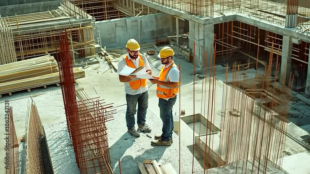 Asian contractor and engineer reviewing building materials together, ensuring everything meets the necessary standards for a successful construction project in a busy site environm AI