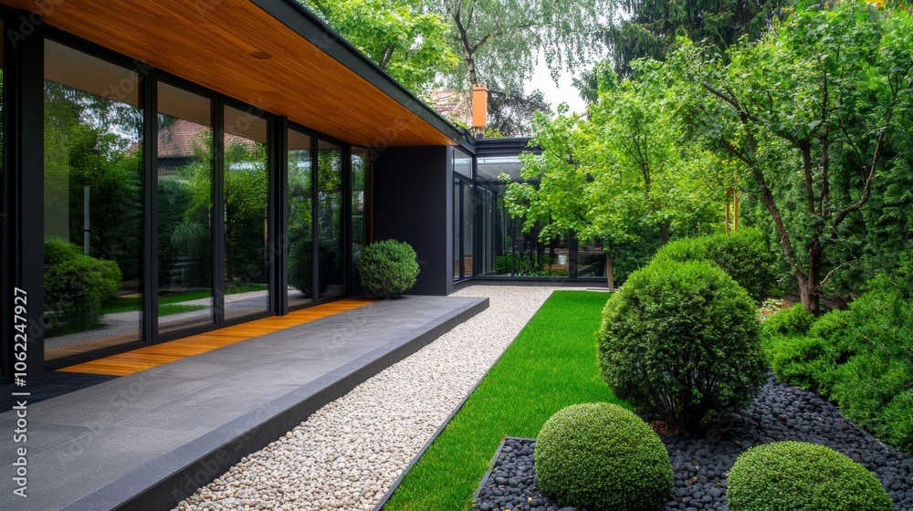 Fototapeta premium Scandinavian style garden with Pine, spruce, low-growing coniferous trees, in the closed courtyard of the house 