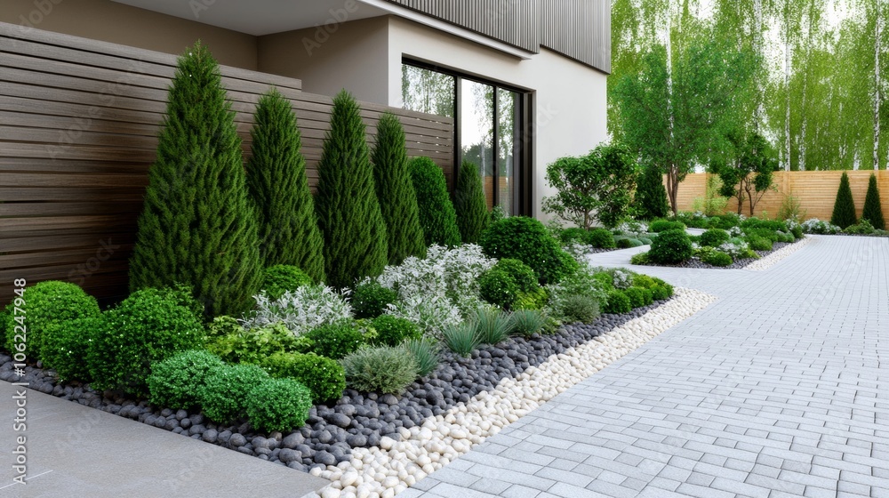 Obraz premium Scandinavian style garden with Pine, spruce, low-growing coniferous trees, in the courtyard of the house 