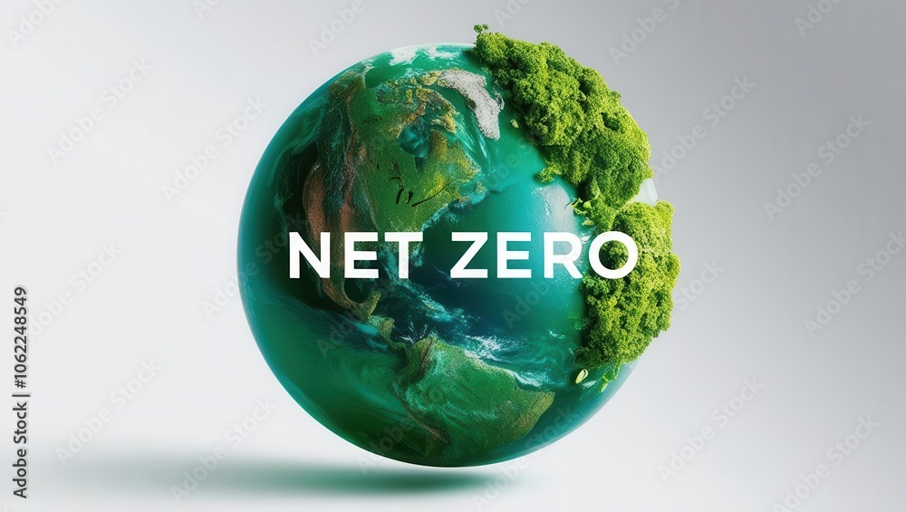 Fototapeta premium Green planet with NET ZERO text, nature and technology elements, promoting sustainability