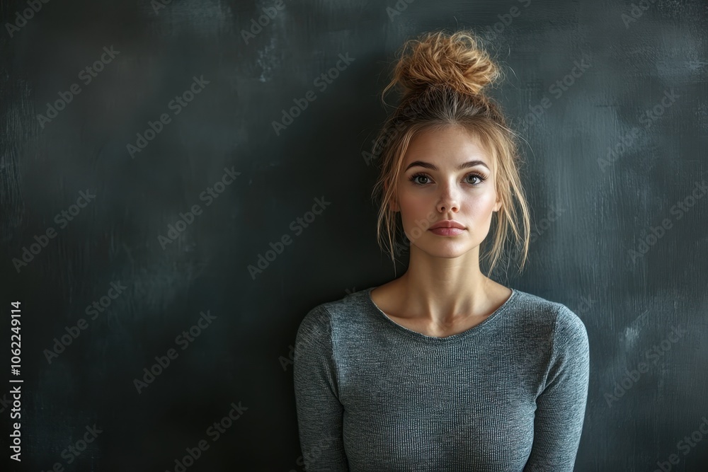 Young woman with a stylish bun hairstyle poses against a textured dark background indoors Young woman with a stylish bun hairstyle poses against a textured dark background indoors