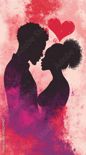 silhouette couple lovingly gazing at each other against pink spray paint background