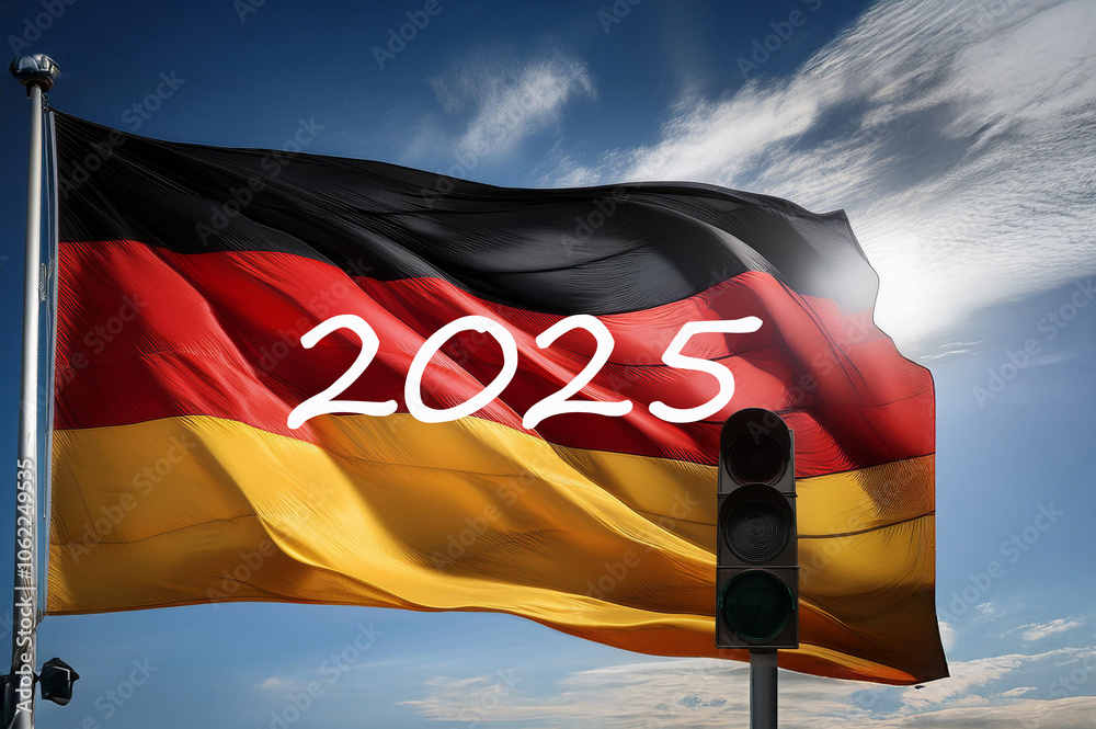 Deutschlandfahne mit der Aufschrift 2025 und einer Ampel , welche aus ist