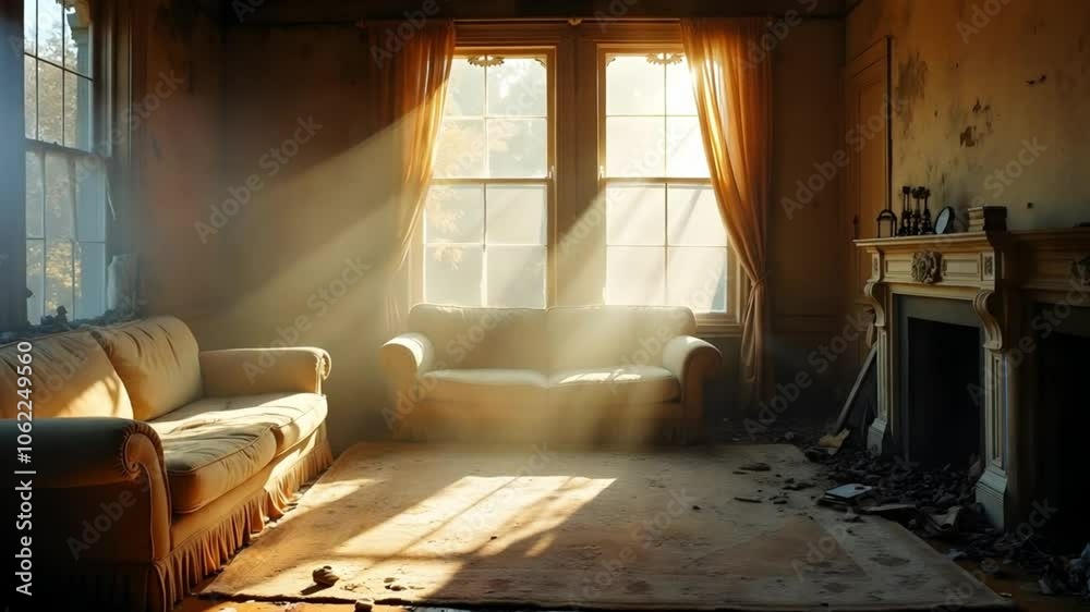 Sunbeams Stream Through Windows of Abandoned Living Room with Fireplace and Sofa Sunbeams Stream Through Windows of Abandoned Living Room with Fireplace and Sofa