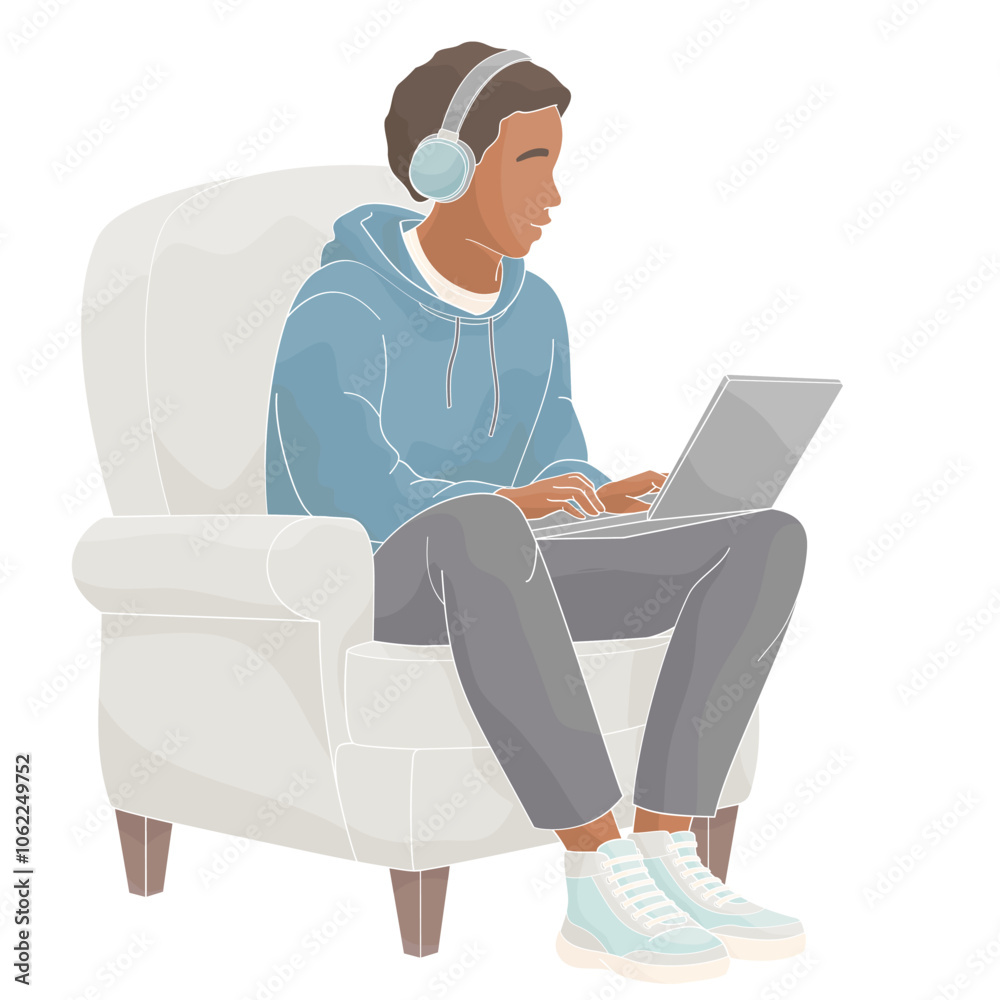 African American boy sitting in a chair with a laptop on her lap African American boy sitting in a chair with a laptop on her lap