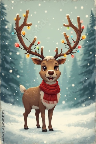 Vintage Christmas Junk Journal Festive Reindeer Illustration with Snowy Forest and Holiday Lights