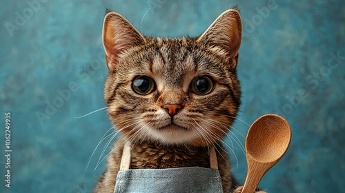 Purrfect Chef: Serious Cat in Chef Costume Ready to Cook on Light Blue Background photo