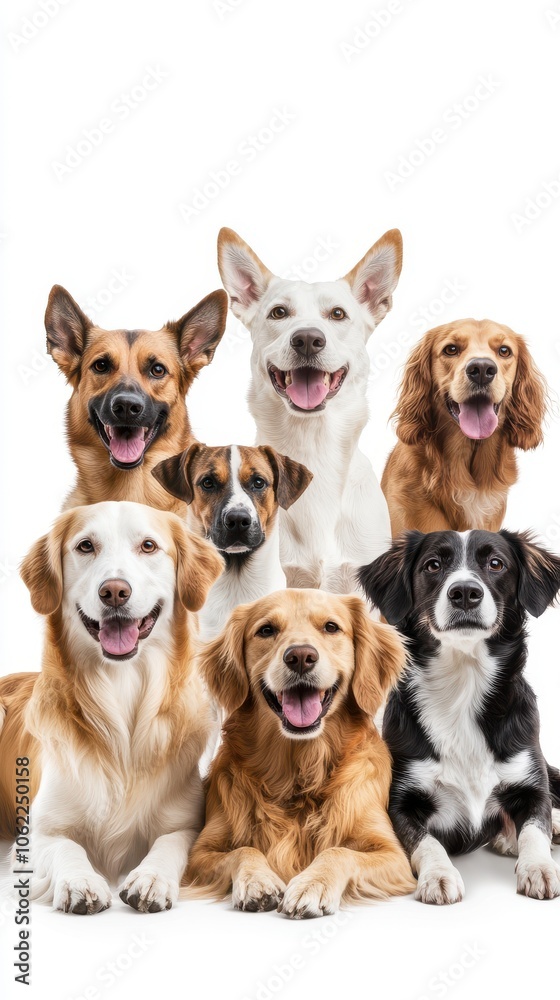 A joyful group of seven dogs, featuring mixed breeds, sitting together against a whites backdrop, all smiling happily. A joyful group of seven dogs, featuring mixed breeds, sitting together against a whites backdrop, all smiling happily.
