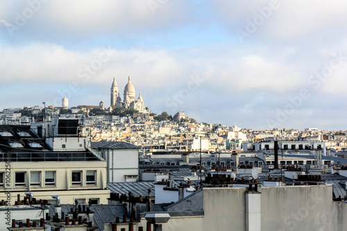 View from above of Paris and the hill of Montmartre and the Sacre Coeur Cathedral photo