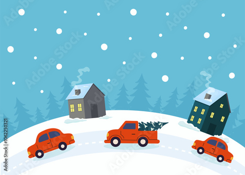 Colorful trucks carry Christmas trees in a snowy village during wintertime