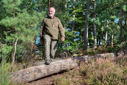 A senior hiker walks with a smile in the bright sunshine on the Eulenfelsen trail in the Palatinate Forest. He dynamically steps over a fallen tree, surrounded by trees and heather. photo