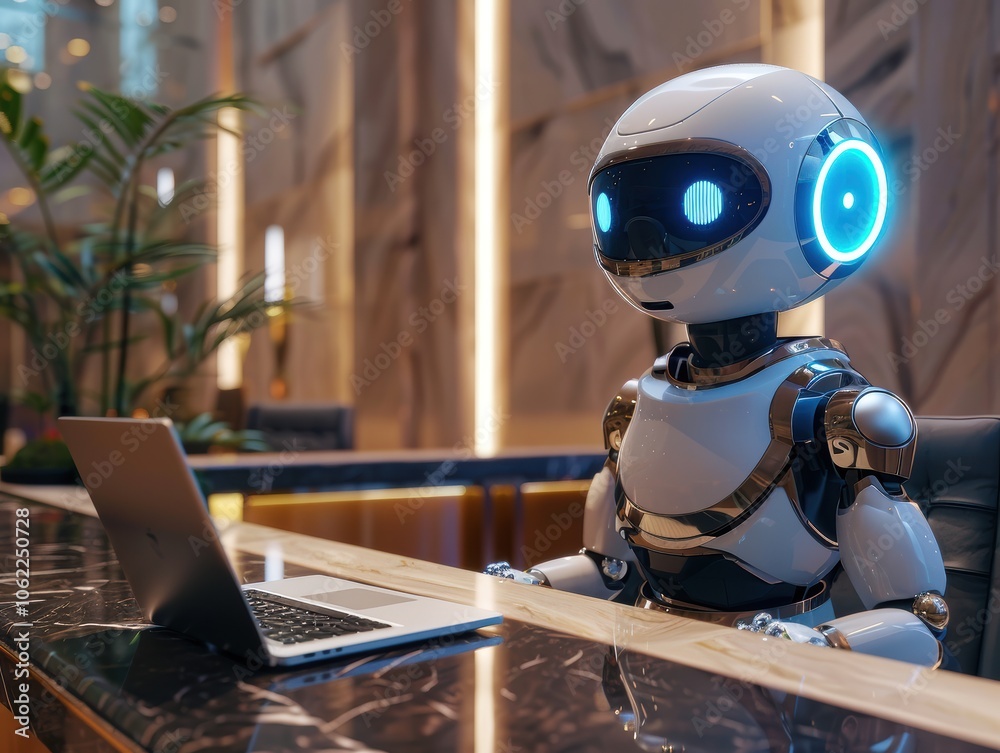 A humanoid robot performs receptionist duties at a modern desk, representing the integration of advanced AI technology in hospitality and business environments.