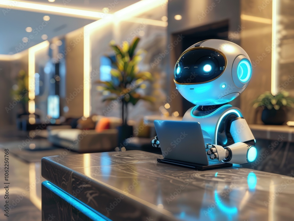 Friendly Reception Robot with Laptop in a Modern Lobby