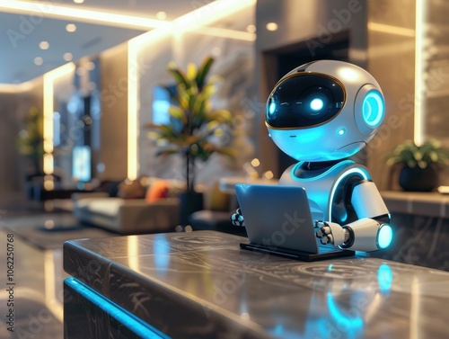 Obraz na płótnie Friendly Reception Robot with Laptop in a Modern Lobby w salonie