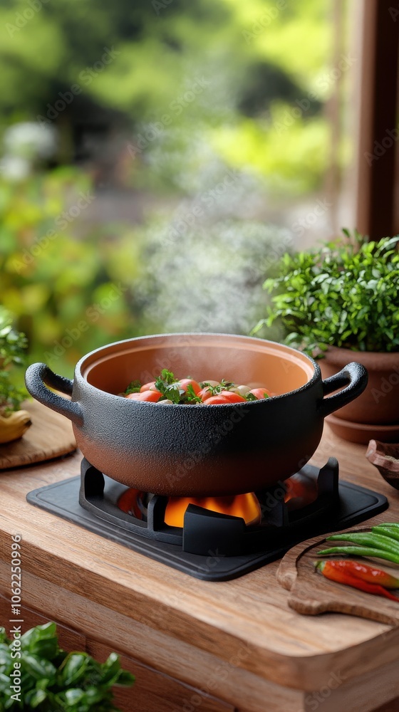 A steaming pot of delicious vegetable stew, set outdoors with greenery in the background, showcasing culinary warmth. A steaming pot of delicious vegetable stew, set outdoors with greenery in the background, showcasing culinary warmth.