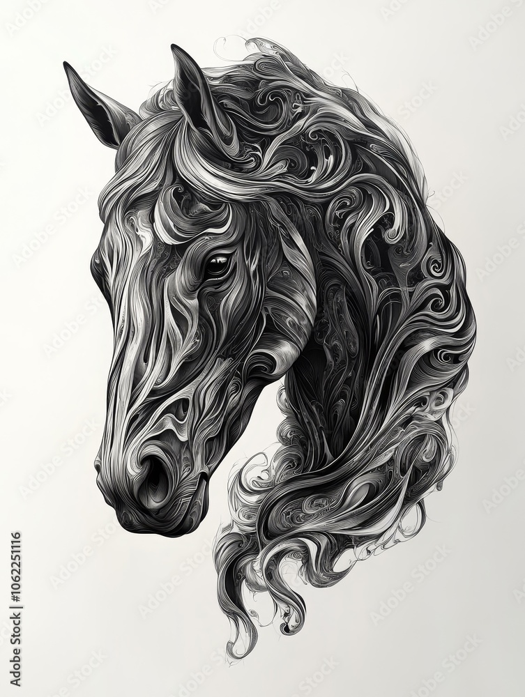 A stunning detailed illustration of a horse's head, its mane and body are made up of intricate swirls and patterns, symbolizing beauty, strength, grace, freedom, and power. A stunning detailed illustration of a horse's head, its mane and body are made up of intricate swirls and patterns, symbolizing beauty, strength, grace, freedom, and power.
