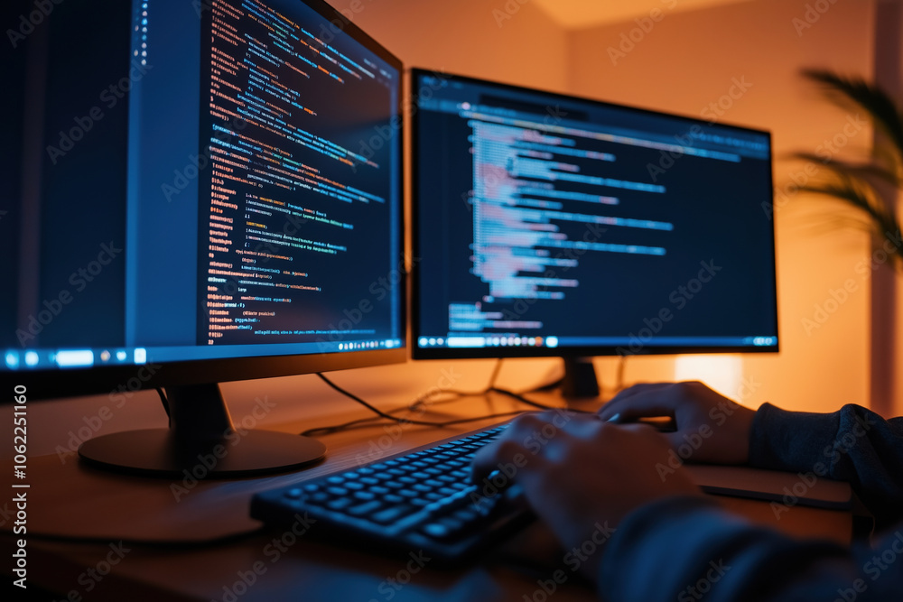 Working late on programming tasks at a home office with dual monitors in low light Working late on programming tasks at a home office with dual monitors in low light