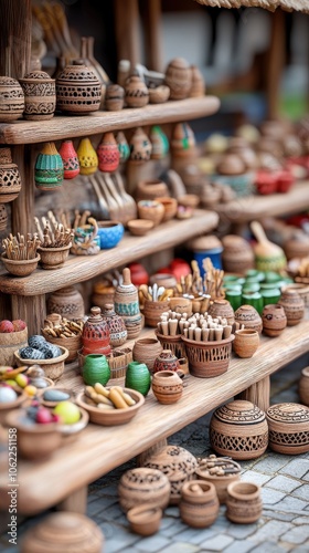 A vibrant marketplace display featuring intricately crafted pottery and wooden items in various colors and designs.