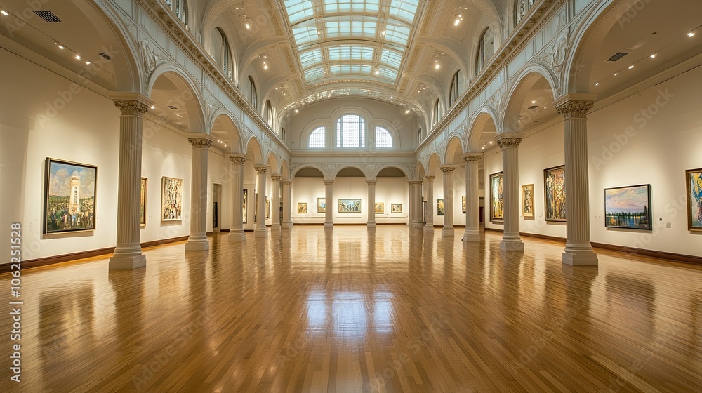 Blank white banner in a high-ceiling art gallery with soft lighting, ready for custom exhibit details or creative text in modern style. Blank white banner in a high-ceiling art gallery with soft lighting, ready for custom exhibit details or creative text in modern style.