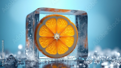 Frozen orange slice embedded in a clear ice cube with visible water droplets