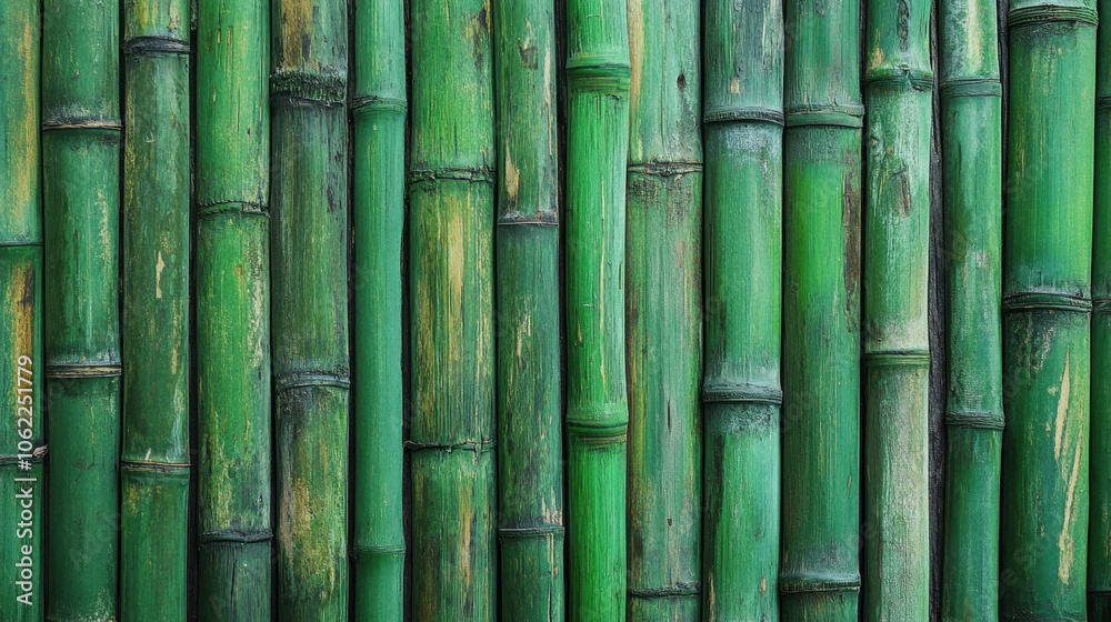 Vibrant green bamboo stalks arranged in a tightly packed backdrop in a serene natural environment
