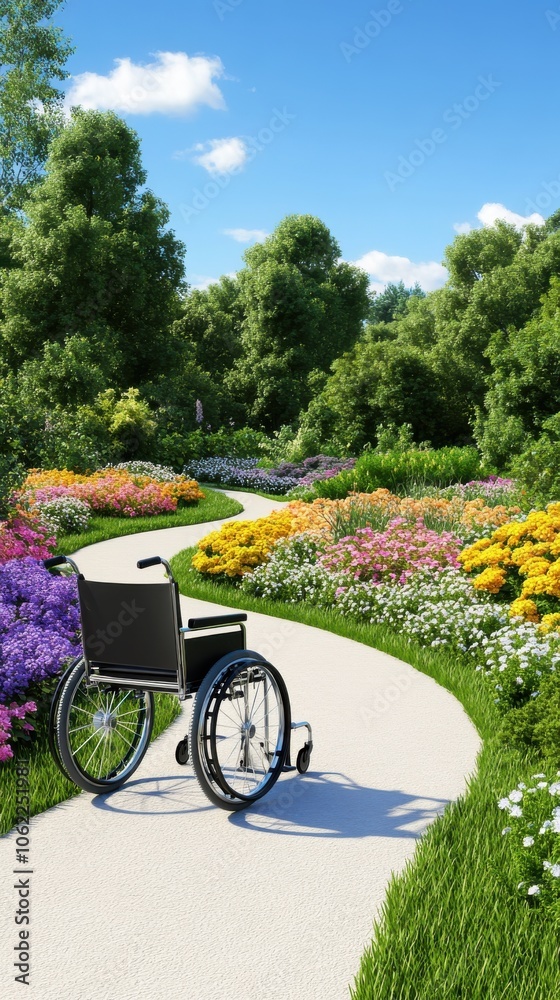 Obraz premium A black wheelchair on a winding path through a vibrant flower garden under a clear blue sky.