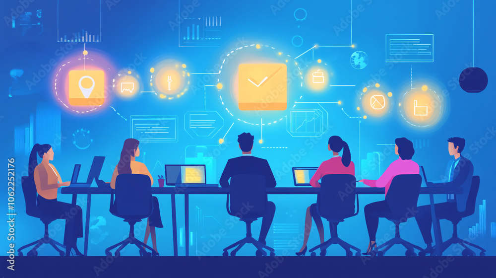 A professional team working together with digital project management tools, engaging in client-centric CMR strategies, with glowing icons for teamwork and customer satisfaction. 