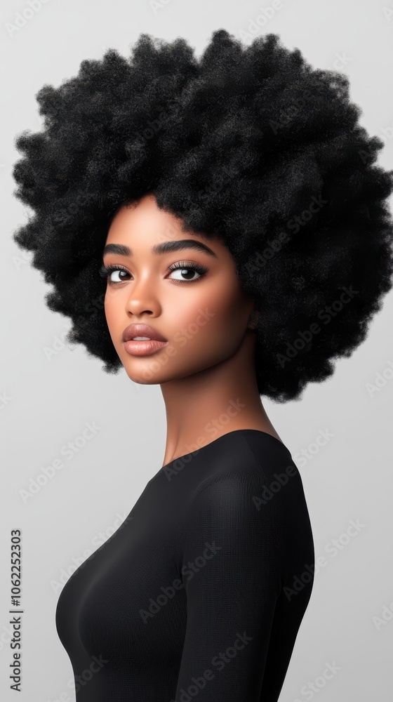 Portrait of a young Black woman with a stunning afro hairstyle, exuding confidence and grace against a minimal backdrop.