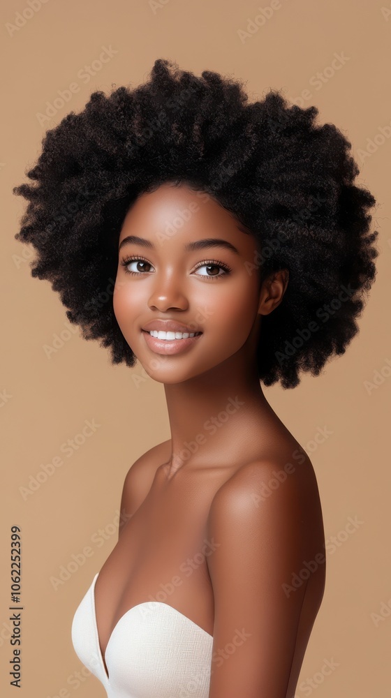 A cheerful young Black woman with voluminous curly hair smiles against a warm, neutral background.