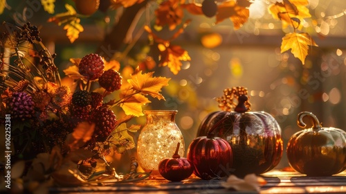 Autumn-themed props illuminated in afternoon sunlight.