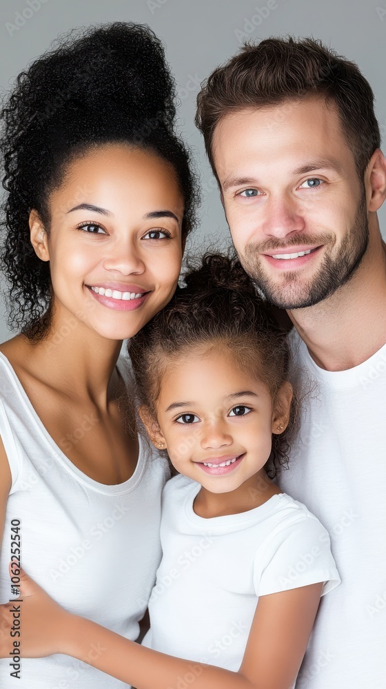 A joyful mixed-race family portrait featuring a smiling woman, man, and their young daughter against a neutral background. A joyful mixed-race family portrait featuring a smiling woman, man, and their young daughter against a neutral background.