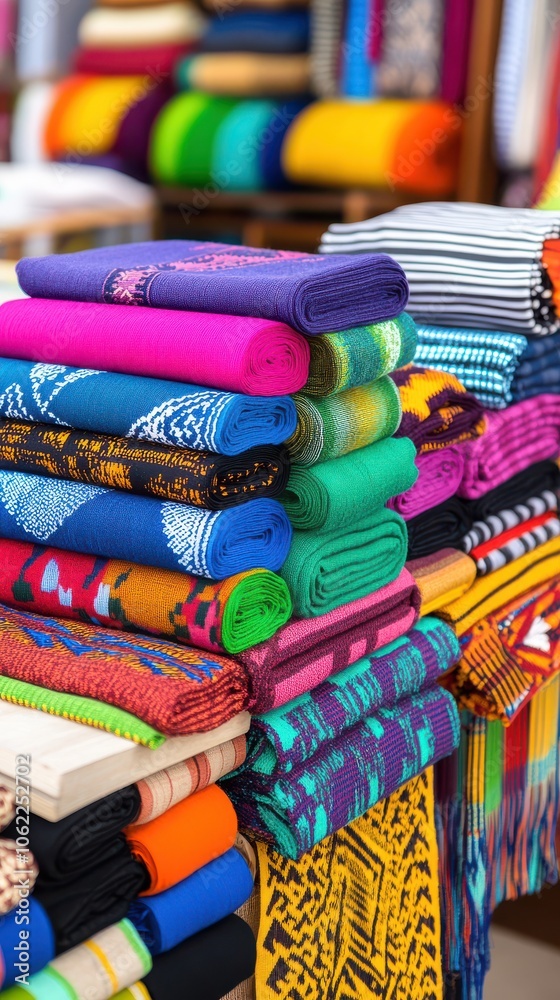Fototapeta premium A vibrant display of assorted textiles in a range of colors and patterns, showcasing cultural craftsmanship and artistry.