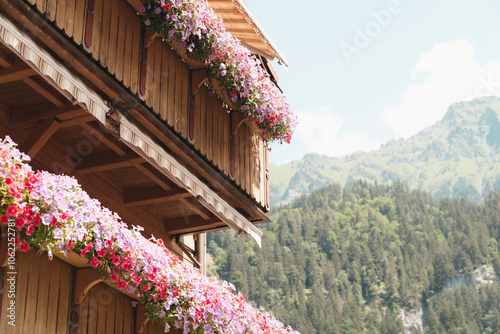 Schilderij op canvas Beautiful Swiss chalet with flower boxes, in Lauterbrunnen Switzerland in the al