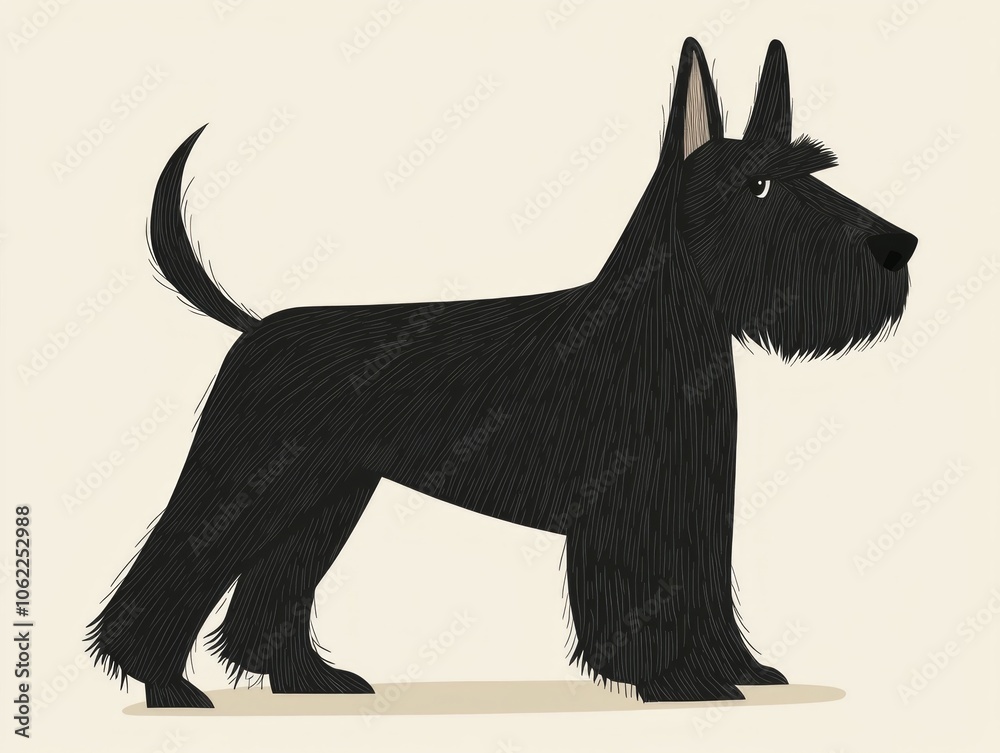 illustration showcases Scottish Terrier wiry black coat standing proudly white background emphasizing its distinctive features and confident posture. illustration showcases Scottish Terrier wiry black coat standing proudly white background emphasizing its distinctive features and confident posture.