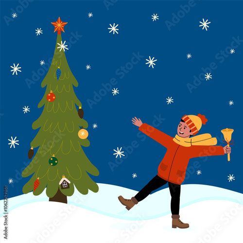 A cheerful child celebrating the winter season beside a beautifully decorated Christmas tree