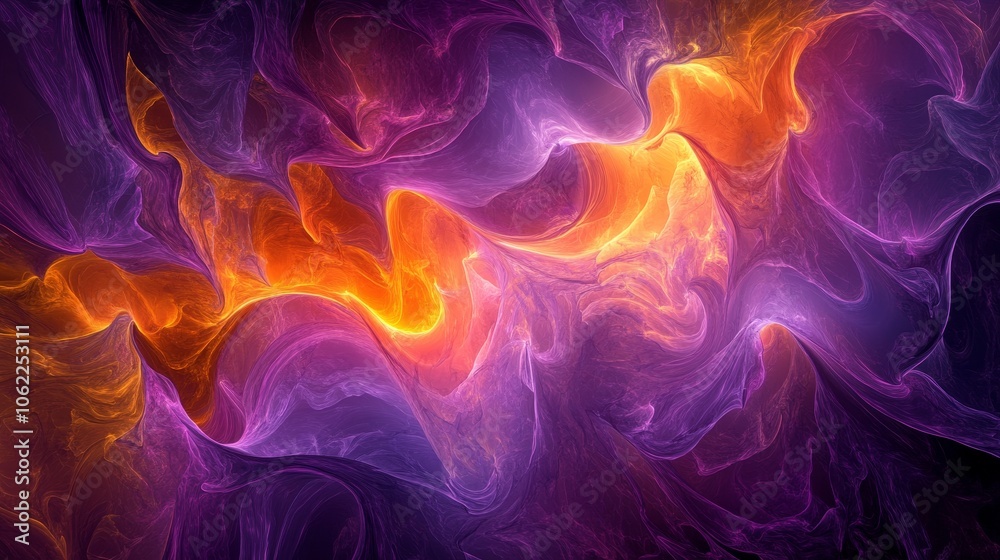 Obraz premium Abstract background with swirling purple and orange colors, symbolizing energy, passion, creativity, movement, and fluidity.
