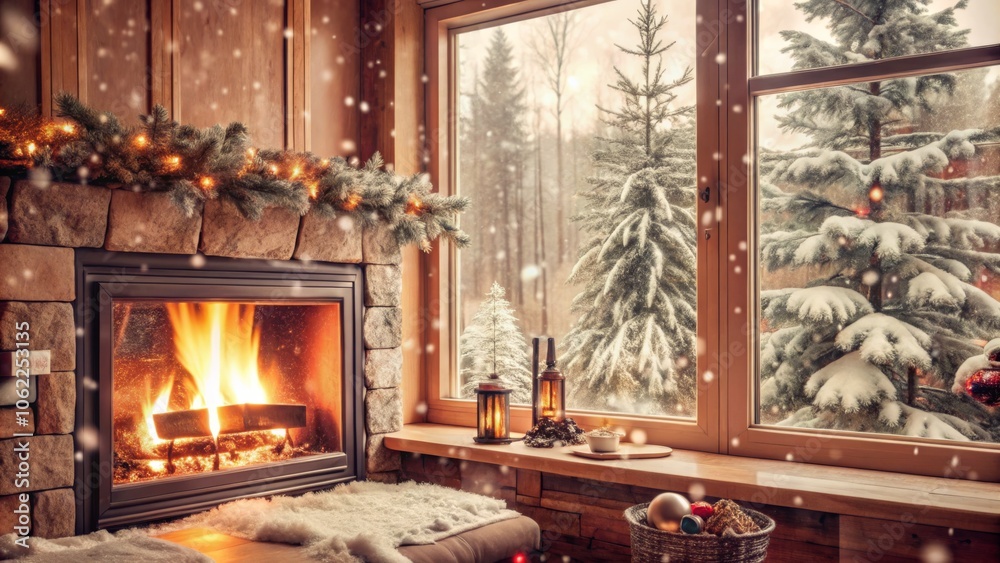 Cozy winter cabin retreat with fireplace and snowy landscape for holiday decor Cozy winter cabin retreat with fireplace and snowy landscape for holiday decor